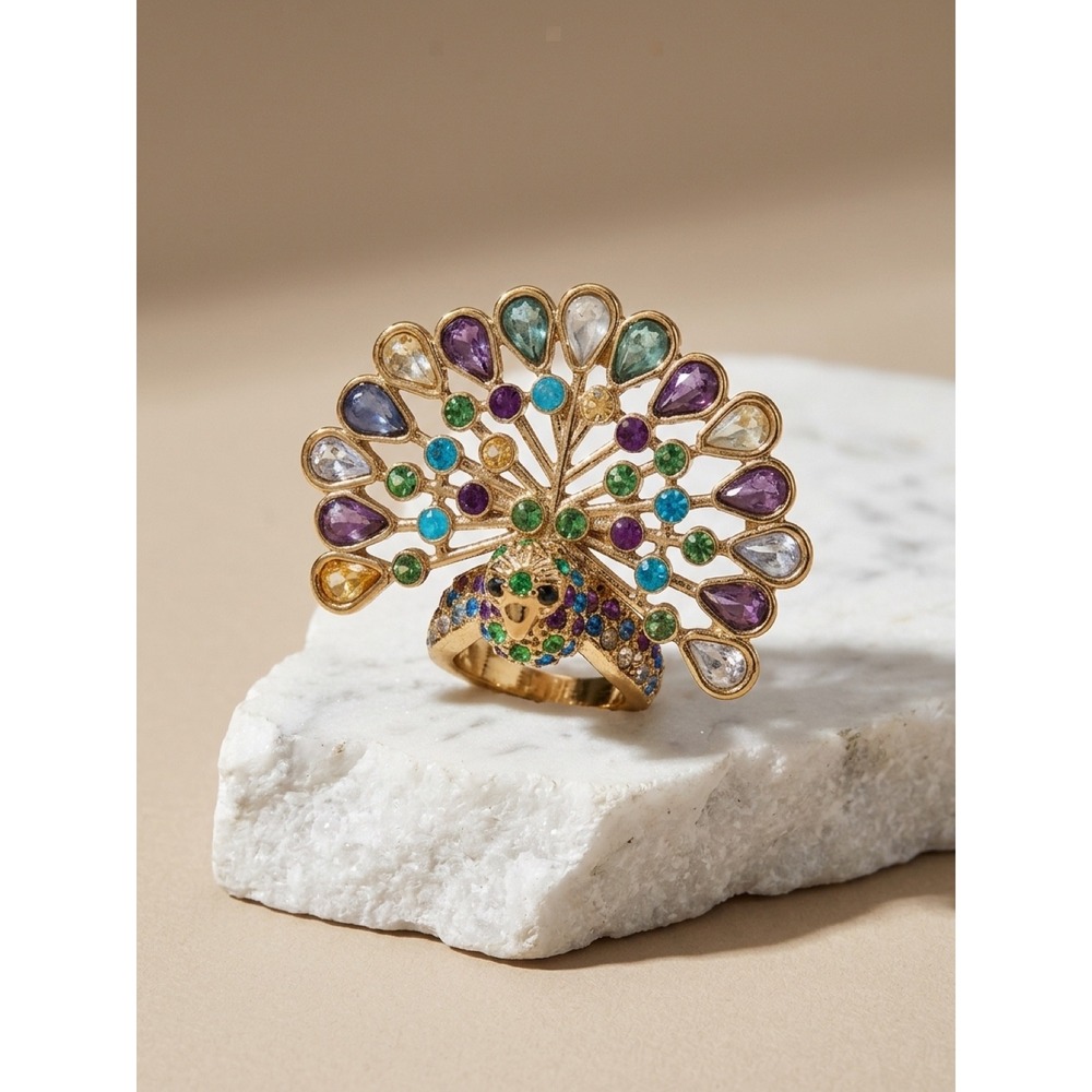 Multicolor Rhinestone Peacock Statement Cocktail Ring Gold Tone Size- 7.5